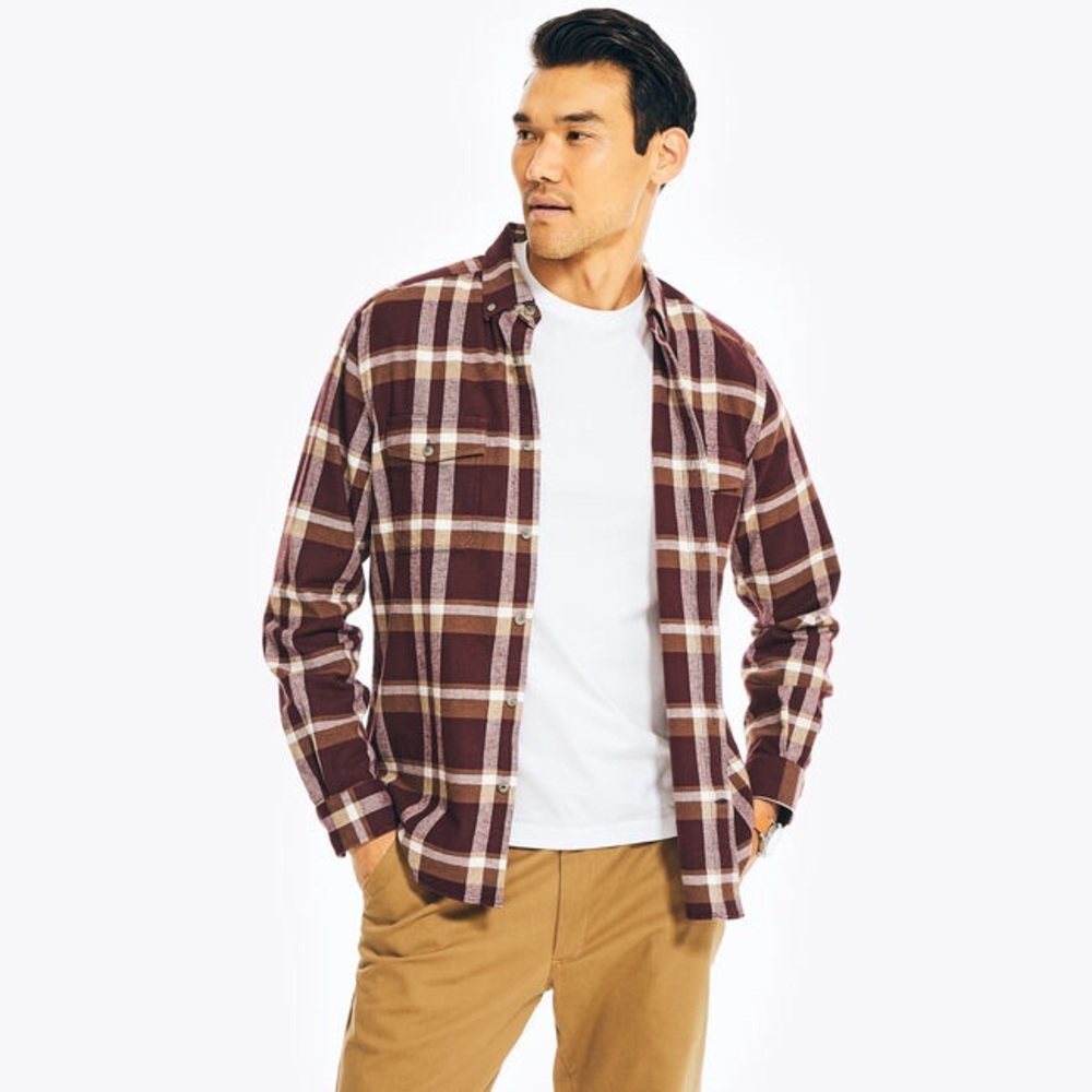 Nautica Burgundy Sustainably Crafted Plaid Flannel Button Down Shirt Scandi
